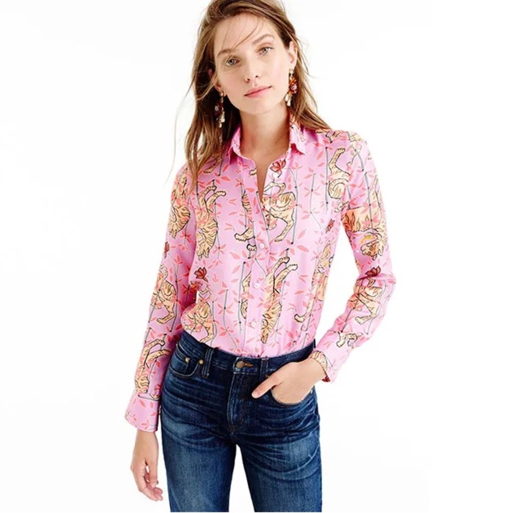 J. Crew Collection x Drake’s pink tiger print silk blouse